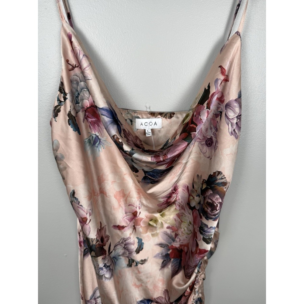 Acoa Dress Floral Satin Ruched Slip Dress Cow Neck Whimsical Romantic Y2k Style - Picture 4 of 11
